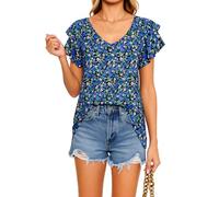 Women's Summer Floral Print V Neck Ruffle Sleeve Loose Fit Casual Tunic Top Lightweight Flowy Blouse for Vacation Beach Party