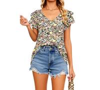 Women's Summer Floral Print V Neck Ruffle Sleeve Loose Fit Casual Tunic Top Lightweight Flowy Blouse for Vacation Beach Party