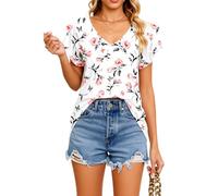 Women's Summer Floral Print V Neck Ruffle Sleeve Loose Fit Casual Tunic Top Lightweight Flowy Blouse for Vacation Beach Party