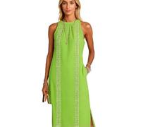 Women's Summer Halter Neck Maxi Dress Sleeveless Lime Green Vacation Beach Dress with Lace Insert Side Slit Pockets Casual Flowy Sundress for Resort Wear