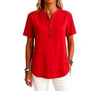 Women's Summer Linen Henley Tunic Top Short Sleeve Casual Loose Fit Button Down Shirt Beach Vacation Blouse with Side Slits Off White