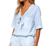 Women's Summer Linen Two Piece Set V-Neck Tie Front Short Sleeve Top and Elastic Waist Shorts Casual Vacation Outfit Solid Color Loose Fit Beach Wear for Ladies【
