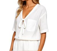 Women's Summer Linen Two Piece Set V-Neck Tie Front Short Sleeve Top and Elastic Waist Shorts Casual Vacation Outfit Solid Color Loose Fit Beach Wear for Ladies【