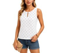 Women's Summer Sleeveless Eyelet Lace Top Round Neck Keyhole Cutout Metal Accent Blouse Casual Loose Fit Hollow Out Tank Shirt for Vacation Beach Wear