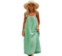Women's Summer Sleeveless Plaid Maxi Dress Casual Loose Fit Spaghetti Strap Sundress with Pockets Green Gingham Check Beach Vacation Long Dress