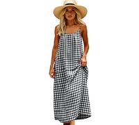 Women's Summer Sleeveless Plaid Maxi Dress Casual Loose Fit Spaghetti Strap Sundress with Pockets Green Gingham Check Beach Vacation Long Dress