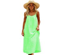 Women's Summer Sleeveless Plaid Maxi Dress Casual Loose Fit Spaghetti Strap Sundress with Pockets Green Gingham Check Beach Vacation Long Dress