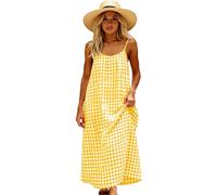 Women's Summer Sleeveless Plaid Maxi Dress Casual Loose Fit Spaghetti Strap Sundress with Pockets Green Gingham Check Beach Vacation Long Dress