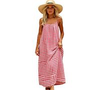 Women's Summer Sleeveless Plaid Maxi Dress Casual Loose Fit Spaghetti Strap Sundress with Pockets Green Gingham Check Beach Vacation Long Dress