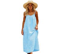 Women's Summer Sleeveless Plaid Maxi Dress Casual Loose Fit Spaghetti Strap Sundress with Pockets Green Gingham Check Beach Vacation Long Dress