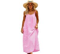 Women's Summer Sleeveless Plaid Maxi Dress Casual Loose Fit Spaghetti Strap Sundress with Pockets Green Gingham Check Beach Vacation Long Dress