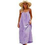 Women's Summer Sleeveless Plaid Maxi Dress Casual Loose Fit Spaghetti Strap Sundress with Pockets Green Gingham Check Beach Vacation Long Dress