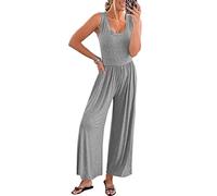 Women's Summer Sleeveless Wide Leg Jumpsuit Casual Solid Color Round Neck Elastic Waist Loose Fit Romper with Pockets for Beach Vacation Daily Wear