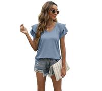 Women's Summer Solid V-Neck T-Shirt Double Ruffle Sleeve Casual Loose Fit Short Sleeve Top Blouse for Daily Wear Vacation Beach Outing Party Time