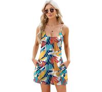 Women's Summer Spaghetti Strap Romper Casual Loose Fit Solid Color Playsuit with Pockets Sleeveless Beach Jumpsuit for Vacation Lounge Wear