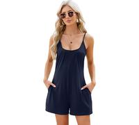 Women's Summer Spaghetti Strap Romper Casual Loose Fit Solid Color Playsuit with Pockets Sleeveless Beach Jumpsuit for Vacation Lounge Wear