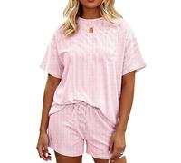 Womens Summer Striped 2 Piece Lounge Set Short Sleeve Casual Pajama Top and Shorts Outfit Loose Fit Home Sleepwear Vacation Beach Outfit
