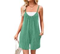 Women's Summer Striped Romper Spaghetti Strap Loose Fit Jumpsuit with Pockets Casual Vacation Beach Short Overalls Green Twisted Texture Playsuit