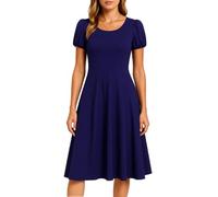 Women's Summer TikTok Short Sleeve Pleated Versatile Solid Color Dress Casual A-Line Midi Dress with Pockets for Party Work Daily Wear Black