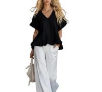 Womens Summer Tops V Neck Ruffle Sleeve Loose Fit Dressy Casual Pullover (Black,S)