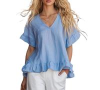Womens Summer Tops V Neck Ruffle Sleeve Loose Fit Dressy Casual Pullover (Blue,S)