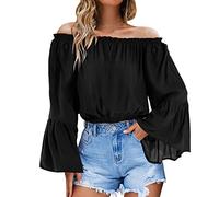 Womens Summer Tshirt,Womens Off Shoulder Chiffon Blouse Summer Casual Tunic Tshirt Top with Flared Sleeves Women's Off-Shoulder Sexy Chiffon Shirt Top Summer Tops JAFRB56