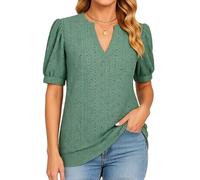 Women's Summer V Neck Eyelet Lace Top Short Puff Sleeve Blouse Casual Loose Fit Hollow Out Tunic Shirt with Twist Hem for Daily Wear