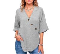 Women's Summer V-Neck Linen Blend Top Solid Color Asymmetrical Button Down Casual Loose Fit Blouse Beach Vacation Wear Teal Green Shirt Ladies