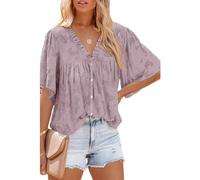 Women's Summer V Neck Ruffle Blouse Short Sleeve Button Down Flowy Chiffon Shirt Casual Loose Fit Floral Print Tops for Vacation Beach Party