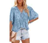 Women's Summer V Neck Ruffle Blouse Short Sleeve Button Down Flowy Chiffon Shirt Casual Loose Fit Floral Print Tops for Vacation Beach Party