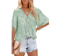 Women's Summer V Neck Ruffle Blouse Short Sleeve Button Down Flowy Chiffon Shirt Casual Loose Fit Floral Print Tops for Vacation Beach Party