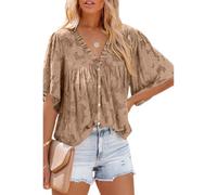 Women's Summer V Neck Ruffle Blouse Short Sleeve Button Down Flowy Chiffon Shirt Casual Loose Fit Floral Print Tops for Vacation Beach Party