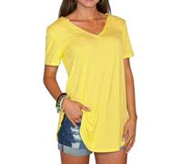 Women's Summer V Neck Short Sleeve Loose T Shirt Curved Hem Plus Size Solid Color Basic Top Casual Blouse for Daily Wear and Vacation