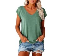 Women's Summer V Neck Short Sleeve T Shirt Casual Loose Fit Solid Color Top with Pocket for Daily Wear Beach Vacation Lightweight Breathable Blouse
