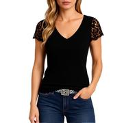 Women's Summer V Neck T Shirt with Lace Short Sleeves Casual Solid Color Top Blouse for Daily Wear Vacation Beach Outfit Soft Breathable Fabric