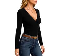 Women's Summer V Neck Wrap Top Long Sleeve Eyelet Lace Blouse Side Button Detail Slim Fit White Jacquard Knit Tee for Ladies Spring Fashion