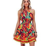 Women's Summer Vibrant Abstract Print Halter Neck Dress Sleeveless Smocked Waist Tiered Ruffle Mini Dress for Beach Party Vacation Casual Wear
