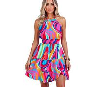 Women's Summer Vibrant Abstract Print Halter Neck Dress Sleeveless Smocked Waist Tiered Ruffle Mini Dress for Beach Party Vacation Casual Wear