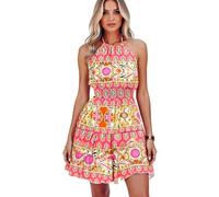 Women's Summer Vibrant Abstract Print Halter Neck Dress Sleeveless Smocked Waist Tiered Ruffle Mini Dress for Beach Party Vacation Casual Wear