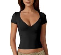 Womens T Shirts New Women's Tops Slim T Shirt V Neck Blouse Bottoming Short Sleeved Sexy Solid Color Blouse T Shirt Ladies' Casual Fashion Tops T Shirts for Women (Black, XL)