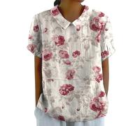 Womens T Shirts Women's Linen Lapel Art Floral Round Neck Button Loose Pullover Top Casual Shirt T Shirt Ladies Trendy Blouses Casual Summer Tops (Hot Pink, L)