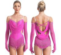 Womens Tassel Latin Dance Leotard Dress Rhinestone Fringed Bodysuit+Gloves Outfits for Tango Cha-Cha Salsa Skating Performance(Hot Pink,XL)