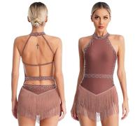 Womens Tassel Latin Dance Leotard Dress Rhinestone Fringed Bodysuit+Gloves Outfits for Tango Cha-Cha Salsa Skating Performance(Pink A,L)