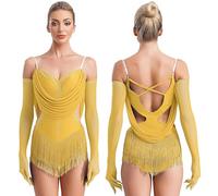 Womens Tassel Latin Dance Leotard Dress Rhinestone Fringed Bodysuit+Gloves Outfits for Tango Cha-Cha Salsa Skating Performance(Yellow,S)