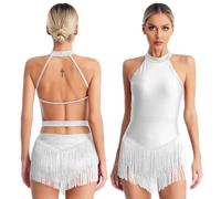 Womens Tassel Latin Dance Leotard Dress Rhinestone Fringed Bodysuit+Gloves Outfits for Tango Cha-Cha Salsa Skating Performance(White A,XX-Large)