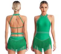 Womens Tassel Latin Dance Leotard Dress Rhinestone Fringed Bodysuit+Gloves Outfits for Tango Cha-Cha Salsa Skating Performance(Green A,M)