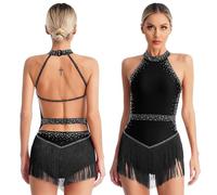 Womens Tassel Latin Dance Leotard Dress Rhinestone Fringed Bodysuit+Gloves Outfits for Tango Cha-Cha Salsa Skating Performance(Black2,L)