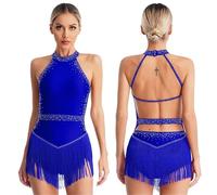 Womens Tassel Latin Dance Leotard Dress Rhinestone Fringed Bodysuit+Gloves Outfits for Tango Cha-Cha Salsa Skating Performance(COLOR2,XX-Large)