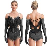Womens Tassel Latin Dance Leotard Dress Rhinestone Fringed Bodysuit+Gloves Outfits for Tango Cha-Cha Salsa Skating Performance(Black,XX-Large)