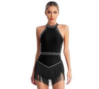 Womens Tassel Latin Leotard Shiny Rhinestones Halter Backless Fringe Bodysuit Ballroom Tango Salsa Dance Costume(Black,S)